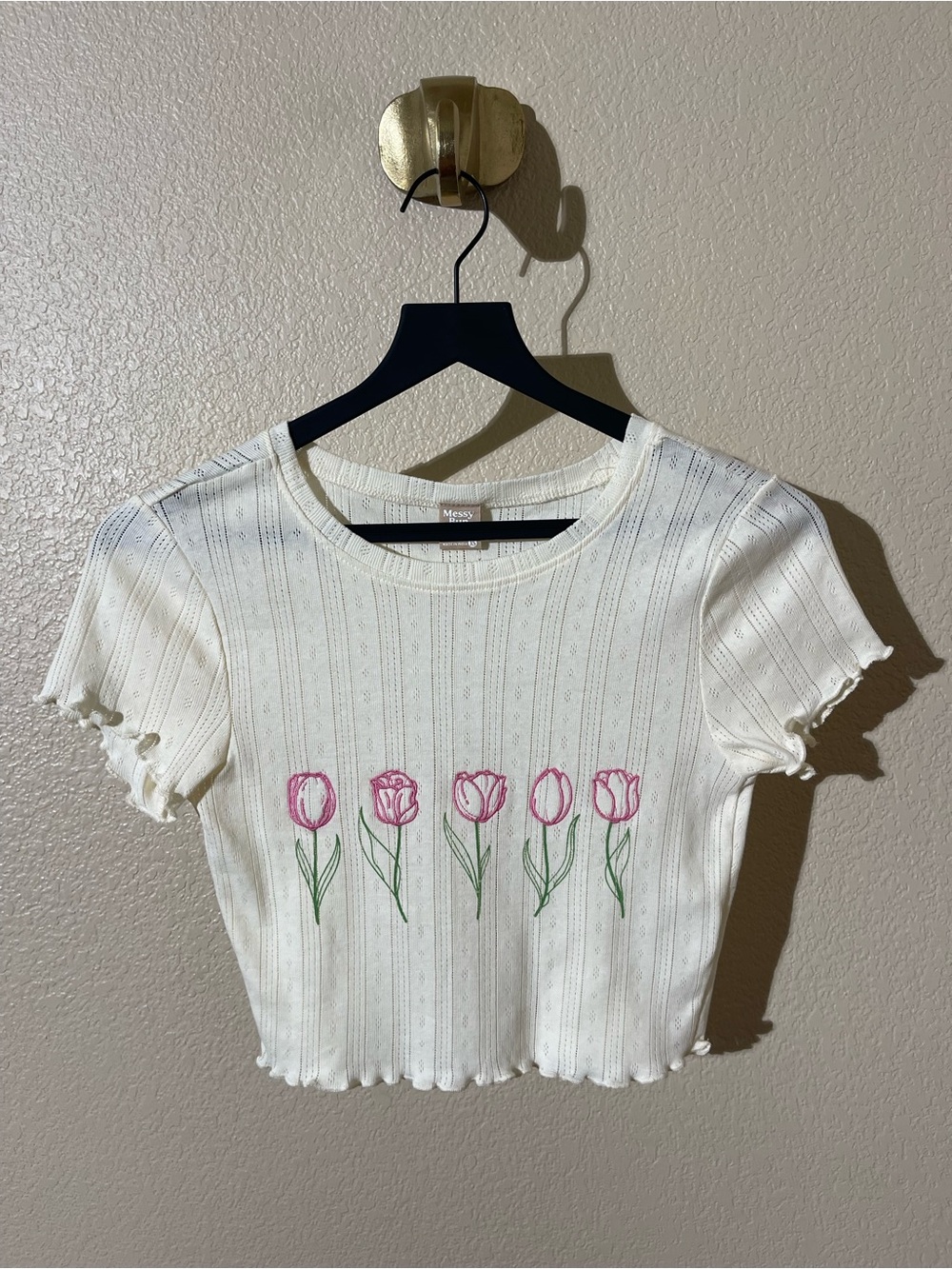 Messy Bun Just Chilin  White Ribbed Crop Top with Pink Tulip Embroidery